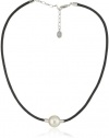Majorica 14mm White Round Pearl on Black Leather Cord Necklace