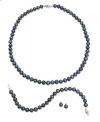 Traditional design that sets you apart. This stunning jewelry set features grey cultured freshwater pearls (6-7 mm) mixed with sparkling black diamond accents in sterling silver. Set includes a matching necklace, bracelet and pair of stud earrings. Approximate length (necklace): 18 inches. Approximate length (bracelet): 7-1/2 inches. Approximate diameter (earrings): 1/4 inch.