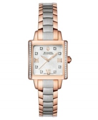 Effortlessly move between day and night, corporate and casual, with this stunning Masella watch by Bulova Accutron. Stainless steel bracelet with outer links of rose-gold PVD and square case with curved sapphire crystal. Bezel embellished with diamond accents at left and right. Silver tone web-patterned dial features rose-gold tone Roman numerals at twelve, three, six and nine o'clock, three hands and logo at twelve o'clock. Swiss quartz movement. Water resistant to 30 meters. Five-year limited warranty. Effortlessly move between day and night, corporate and casual, with this stunning Masella watch by Bulova Accutron. Stainless steel bracelet with outer links of rose-gold PVD and square case with curved sapphire crystal. Bezel embellished with diamond accents at left and right. Silver tone web-patterned dial features rose-gold tone Roman numerals at twelve, three, six and nine o'clock, three hands and logo at twelve o'clock. Swiss quartz movement. Water resistant to 30 meters. Five-year limited warranty.