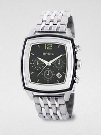 From the Orchestra collection, this stainless steel watch features a trio of chronograph sub-dials and a black leather insert for a timeless look.Chronograph movementWater-resistant to 5ATMRectangular stainless steel case: 42mm diameter(1.63)Leather-accented bezelBar markerDate display between 4 and 5 o'clockSecond handStainless steel braceletImported From the Orchestra collection, this stainless steel watch features a trio of chronograph sub-dials and a black leather insert for a timeless look.Chronograph movementWater-resistant to 5ATMRectangular stainless steel case: 42mm diameter(1.63)Leather-accented bezelBar markerDate display between 4 and 5 o'clockSecond handStainless steel braceletImported