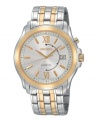 Self-motivated: Your own motion powers this kinetic Seiko watch in two-tone stainless steel. Stainless steel bracelet and round case. Gray dial features goldtone Roman numerals and stick indices, logo and date window. Kinetic® quartz movement. Water resistant to 30 meters. Three-year limited warranty.