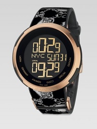 From the I-Gucci Collection. This special Latin Grammy timepiece features a PVD case with rose goldtone accents on a patent leather and rubber Guccissima strap. Swiss quartz movementWater resistant to 5 ATMRound rose goldtone accented PVD case, 44mm (1.7)Rose goldtone bezelBlack digital dial with analog-look or dual time zone functionalityPatent leather on rubber Guccissima strapMade in Switzerland From the I-Gucci Collection. This special Latin Grammy timepiece features a PVD case with rose goldtone accents on a patent leather and rubber Guccissima strap. Swiss quartz movementWater resistant to 5 ATMRound rose goldtone accented PVD case, 44mm (1.7)Rose goldtone bezelBlack digital dial with analog-look or dual time zone functionalityPatent leather on rubber Guccissima strapMade in Switzerland