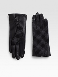 Cold weather essential revamped with buttery soft leather palms and classic check in tweed on top. About 9 long Cashmere lining Palm; leather, outer; wool Imported Cold weather essential revamped with buttery soft leather palms and classic check in tweed on top. About 9 long Cashmere lining Palm; leather, outer; wool Imported