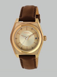 From the Escape Collection. A unique timepiece featuring a warm rose goldtone ion-plated stainless steel contour case with a round inset case. Quartz movementWater resistant to 10 ATMContour rose goldtone ion-plated stainless steelcase, 34mm (1.3) Smooth inset bezelRose goldtone ion-plated dialDot markersDate display at 3 o'clockSecond hand Brown leather strapImported From the Escape Collection. A unique timepiece featuring a warm rose goldtone ion-plated stainless steel contour case with a round inset case. Quartz movementWater resistant to 10 ATMContour rose goldtone ion-plated stainless steelcase, 34mm (1.3) Smooth inset bezelRose goldtone ion-plated dialDot markersDate display at 3 o'clockSecond hand Brown leather strapImported