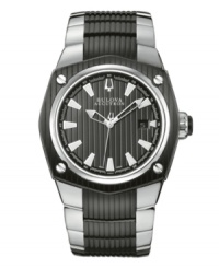 Dress to impress no matter the occasion. Corvara collection watch by Bulova Accutron crafted of stainless steel bracelet with black ion-plated center links and round black ion-plated case with curved sapphire crystal. Textured black dial features silver tone stick indices, minute track, date window at three o'clock, luminous hands and logo. Swiss mechanical Sellita movement. Water resistant to 100 meters. Five-year limited warranty. Dress to impress no matter the occasion. Corvara collection watch by Bulova Accutron crafted of stainless steel bracelet with black ion-plated center links and round black ion-plated case with curved sapphire crystal. Textured black dial features silver tone stick indices, minute track, date window at three o'clock, luminous hands and logo. Swiss mechanical Sellita movement. Water resistant to 100 meters. Five-year limited warranty.