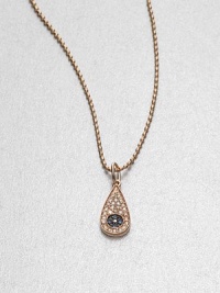 From the Devout Collection. An unique design of rich sapphires, white and black diamonds set in warm 14k rose gold on a ball chain. Diamonds, .11 tcw14k rose goldBlue sapphiresLength, about 16Pendant size, about .4Lobster clasp closureMade in Italy and imported