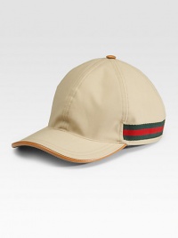 Cotton baseball hat with signature web and adjustable hook-and-loop closure. Available in khaki with green/red/green web & navy with blue/red/blue web Leather trim Cotton Made in Italy Cotton baseball hat with signature web and adjustable hook-and-loop closure. Available in khaki with green/red/green web & navy with blue/red/blue web Leather trim Cotton Made in Italy