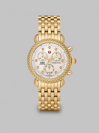 From the CSX Collection. A dazzling diamond accented design with a technical chronograph dial on a goldtone bracelet.Swiss quartz movementWater resistant to 5 ATMRound goldtone stainless steel case, 36mm (1.4)Diamond accented bezel and markers, .64 tcwMother-of-pearl chronograph dialDate function at 6 o'clockSecond handGoldtone stainless steel link braceletImported From the CSX Collection. A dazzling diamond accented design with a technical chronograph dial on a goldtone bracelet.Swiss quartz movementWater resistant to 5 ATMRound goldtone stainless steel case, 36mm (1.4)Diamond accented bezel and markers, .64 tcwMother-of-pearl chronograph dialDate function at 6 o'clockSecond handGoldtone stainless steel link braceletImported