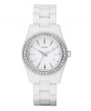 DKNY proves that white is anything but plain on this glittering watch. White plastic bracelet and round case. Stainless steel bezel embellished with crystal accents. White dial features silver tone stick indices, crystal accents at markers, minute track, three hands and logo. Quartz movement. Water resistant to 50 meters. Two-year limited warranty.
