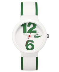 A touch of green adds vibrance to the washed out cool of this unisex Goa watch by Lacoste. A touch of green adds vibrance to the washed out cool of this unisex Goa watch by Lacoste.