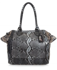 A classic, tailored satchel takes on a rocker-chic look in metallic python print with a soft sheen finish. Featuring sturdy straps, plenty of pockets and antique silver-tone hardware, this silhouette from Carlos by Carlos Santana is the must-have of the season. A classic, tailored satchel takes on a rocker-chic look in metallic python print with a soft sheen finish. Featuring sturdy straps, plenty of pockets and antique silver-tone hardware, this silhouette from Carlos by Carlos Santana is the must-have of the season.