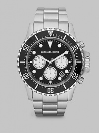 A significant timepiece, strong enough to wear to the boardroom and beyond, set in brushed silver tone with a bold, black contrasting dial and three-eye chronograph function.Chronograph movementRound bezelWater resistant to 10ATMDate display at 5 o'clock Second handStainless steel case: 48mm(1.88)Stainless steel braceletImported A significant timepiece, strong enough to wear to the boardroom and beyond, set in brushed silver tone with a bold, black contrasting dial and three-eye chronograph function.Chronograph movementRound bezelWater resistant to 10ATMDate display at 5 o'clock Second handStainless steel case: 48mm(1.88)Stainless steel braceletImported