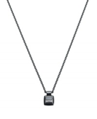 Perfect style for the metrosexual male. This simple square pendant is crafted in black ceramic and strung on a black ion-plated stainless steel chain. Approximate length: 19 inches. Approximate drop: 1 inch. Perfect style for the metrosexual male. This simple square pendant is crafted in black ceramic and strung on a black ion-plated stainless steel chain. Approximate length: 19 inches. Approximate drop: 1 inch.