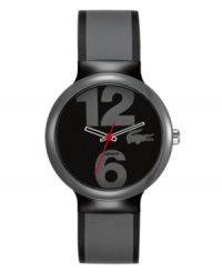 Casually cool. Give off a laid-back vibe with this monochromatic Goa watch by Lacoste. Gray and black silicone strap and round gray plastic case. Black dial features oversized gray numerals at twelve and six o'clock, iconic crocodile logo at three o'clock, cut-out hour and minute hands and red second hand. Quartz movement. Water resistant to 30 meters. Two-year limited warranty. Casually cool. Give off a laid-back vibe with this monochromatic Goa watch by Lacoste. Gray and black silicone strap and round gray plastic case. Black dial features oversized gray numerals at twelve and six o'clock, iconic crocodile logo at three o'clock, cut-out hour and minute hands and red second hand. Quartz movement. Water resistant to 30 meters. Two-year limited warranty.