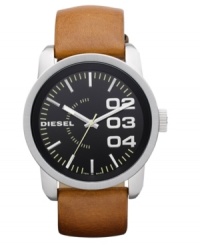 A handsome leather timepiece with eye-catching details from Diesel. A handsome leather timepiece with eye-catching details from Diesel.