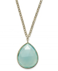 A drop of color brightens any look. This brilliant pear-shaped pendant features medium blue chalcedony (3-1/2 ct. t.w.) in a 10k gold setting. Approximate length: 18 inches. Approximate drop: 1 inch. A drop of color brightens any look. This brilliant pear-shaped pendant features medium blue chalcedony (3-1/2 ct. t.w.) in a 10k gold setting. Approximate length: 18 inches. Approximate drop: 1 inch.