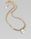 A single white baroque pearl hangs gracefully from delicate chains of 18k rose and yellow gold vermeil, and sterling silver. 16mm white organic man-made pearl Length, about 16 with 2 extender Lobster clasp Made in Spain