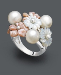 Catch the bouquet every time in this whimsical ring. Pretty pink and white mother of pearl (10-12 mm) and cultured freshwater pearls (7-1/2-8 mm) combine to form a truly feminine look. Crafted in sterling silver. Size 7. Catch the bouquet every time in this whimsical ring. Pretty pink and white mother of pearl (10-12 mm) and cultured freshwater pearls (7-1/2-8 mm) combine to form a truly feminine look. Crafted in sterling silver. Size 7.