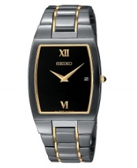 Stealthy style with a smooth shape. This Seiko watch features a black ion-plated stainless steel bracelet with goldtone accents and case, 30mm. Black dial with goldtone logo, date window and roman numerals at twelve o'clock and six o'clock. Analog quartz movement. Water resistant to 30 meters. Three-year limited warranty. Stealthy style with a smooth shape. This Seiko watch features a black ion-plated stainless steel bracelet with goldtone accents and case, 30mm. Black dial with goldtone logo, date window and roman numerals at twelve o'clock and six o'clock. Analog quartz movement. Water resistant to 30 meters. Three-year limited warranty.