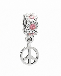 A sterling silver peace sign dangles from a PANDORA charm sparkling with salmon cubic zirconia. A sterling silver peace sign dangles from a PANDORA charm sparkling with salmon cubic zirconia.