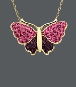 Style suited for the free spirit. This vibrant butterfly pendant by Kaleidoscope shines with the addition of dark and light purple crystals with Swarovski elements. Crafted in 18k gold over sterling silver. Approximate length: 18 inches. Approximate drop: 6/10 inch.