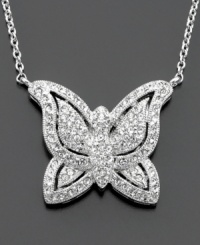 A crystal-accented butterfly pendant lends a touch of sweet whimsy. Rhodium plated. Chain measures 16 inches; drop measures 3/4 inch. A crystal-accented butterfly pendant lends a touch of sweet whimsy. Rhodium plated. Chain measures 16 inches; drop measures 3/4 inch.