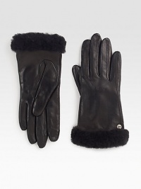 Supple leather accented with luxurious cashmere lining, shearling sheepskin cuff and touch technology for easy access to touchscreen electronics.About 9 longCashmere liningShearling cuffProfessional leather cleanerImported Supple leather accented with luxurious cashmere lining, shearling sheepskin cuff and touch technology for easy access to touchscreen electronics.About 9 longCashmere liningShearling cuffProfessional leather cleanerImported