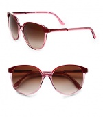 This tonal design features a classic shape with contemporary appeal. Available in violet/transparent pink with brown gradient lens or beige/crystal with brown gradient lens. Logo temples100% UV protectionMade in Italy 