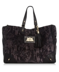 Give your look an exotic edge with this sleek snakeskin-print tote from Juicy Couture. Soft velour is outfitted with luxe golden hardware and signature detailing, making it the ultimate diva-worthy design. Give your look an exotic edge with this sleek snakeskin-print tote from Juicy Couture. Soft velour is outfitted with luxe golden hardware and signature detailing, making it the ultimate diva-worthy design.