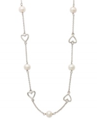 Sweet romance. This delicate sterling silver necklace features petite, cut-out hearts and cultured freshwater pearls (6-6-1/2 mm). Approximate length: 16-1/2 inches. Sweet romance. This delicate sterling silver necklace features petite, cut-out hearts and cultured freshwater pearls (6-6-1/2 mm). Approximate length: 16-1/2 inches.