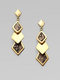 A chic design with a drop of three graduated diamond shapes. 14k goldplated white metal alloy Snake skin inlays Drop, about 2¼ Post back Made in USA A chic design with a drop of three graduated diamond shapes. 14k goldplated white metal alloy Snake skin inlays Drop, about 2¼ Post back Made in USA