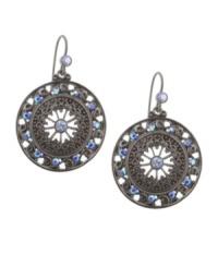 In the round: 2028's chic circular earrings feature a dazzling array of aurora borealis glass stones. Crafted in hematite tone mixed metal. Approximate drop: 1 inch. In the round: 2028's chic circular earrings feature a dazzling array of aurora borealis glass stones. Crafted in hematite tone mixed metal. Approximate drop: 1 inch.
