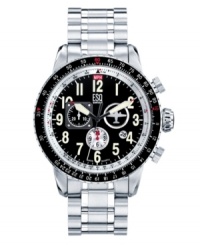 Tricked-out timepiece. This ESQ by Movado watch features brushed and polished stainless steel bracelet and round case. Bold black chronograph dial with red accents and date window. Swiss quartz movement. Water resistant to 50 meters. Two-year limited warranty. Tricked-out timepiece. This ESQ by Movado watch features brushed and polished stainless steel bracelet and round case. Bold black chronograph dial with red accents and date window. Swiss quartz movement. Water resistant to 50 meters. Two-year limited warranty.