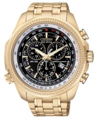 Finish off your adventurous look with this multifunctional, gold-hued watch by Citizen. With Eco-Drive technology that harnesses both artificial and natural light, never needing a battery. Finish off your adventurous look with this multifunctional, gold-hued watch by Citizen. With Eco-Drive technology that harnesses both artificial and natural light, never needing a battery.