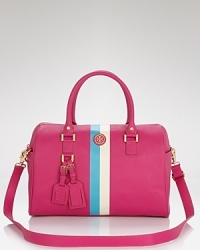 Tory Burch crafts this bright, day-right satchel using durable coated cotton - with a cool, color blocked stripe. Carry this bag to perfect the season's vibrant accessory trend with added polish. Tory Burch crafts this bright, day-right satchel using durable coated cotton - with a cool, color blocked stripe. Carry this bag to perfect the season's vibrant accessory trend with added polish.