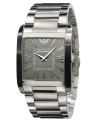 Update your look with this fine watch by Emporio Armani. Stainless steel bracelet and square case. Gray dial with silvertone Roman numerals and logo. Quartz movement. Water resistant to 30 meters. Two-year limited warranty. Update your look with this fine watch by Emporio Armani. Stainless steel bracelet and square case. Gray dial with silvertone Roman numerals and logo. Quartz movement. Water resistant to 30 meters. Two-year limited warranty.