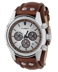 With multiple functions and a chunky leather strap, this masculine Decker collection watch from Fossil is perfect for every occasion. Brown leather strap. Silver tone stainless steel round case and round silver tone dial with three subdials, date window, logo and stick indices. Quartz movement. Water resistant to 100 meters. 11-year limited warranty. With multiple functions and a chunky leather strap, this masculine Decker collection watch from Fossil is perfect for every occasion. Brown leather strap. Silver tone stainless steel round case and round silver tone dial with three subdials, date window, logo and stick indices. Quartz movement. Water resistant to 100 meters. 11-year limited warranty.