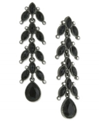 Grow your collection with these drop earrings from 2028. The linear silhouette boasts jet glass crystals in teardrop silhouettes. Crafted in hematite tone mixed metal. Approximate drop: 3 inches. Grow your collection with these drop earrings from 2028. The linear silhouette boasts jet glass crystals in teardrop silhouettes. Crafted in hematite tone mixed metal. Approximate drop: 3 inches.