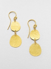 An elegant drop design with hammered 24k gold discs. 24k goldDrop, about .5Hook backImported 