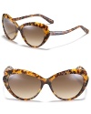 Shiny havana cat eye sunglasses with textural edges and gradient lenses.