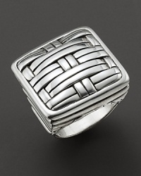 A stunning silver ring from John Hardy's Bedeg collection, with woven square setting and filigree etching at sides. A stunning silver ring from John Hardy's Bedeg collection, with woven square setting and filigree etching at sides.