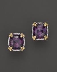 Purple crystal is framed in white sapphire-accented hearts on these stunning Judith Ripka earrings. Purple crystal is framed in white sapphire-accented hearts on these stunning Judith Ripka earrings.