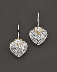 White sapphire pavé heart earrings on wire with 18 Kt. accents. Designed by Judith Ripka. White sapphire pavé heart earrings on wire with 18 Kt. accents. Designed by Judith Ripka.