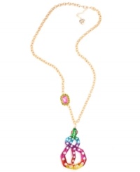 Colorful and ssstriking. Betsey Johnson's gold tone mixed metal necklace features the brightest, sparkliest snake you ever did see. The pendant is accented with crystals, while a pink gem with green crystal accents adorns the gold-tone chain. Approximate length: 32 inches + 3-inch extender. Approximate drop: 4-1/2 inches. Colorful and ssstriking. Betsey Johnson's gold tone mixed metal necklace features the brightest, sparkliest snake you ever did see. The pendant is accented with crystals, while a pink gem with green crystal accents adorns the gold-tone chain. Approximate length: 32 inches + 3-inch extender. Approximate drop: 4-1/2 inches.