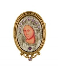 An iconic way to express your faith. Vatican pin features a beautiful likeness of the Virgin Mary. Crafted in silver tone and gold tone mixed metal with violet and purple crystal accents. Approximate length: 2-1/2 inches. An iconic way to express your faith. Vatican pin features a beautiful likeness of the Virgin Mary. Crafted in silver tone and gold tone mixed metal with violet and purple crystal accents. Approximate length: 2-1/2 inches.