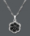 Add a touch of elegance and a drop of bold color. This versatile pendant features seven black diamonds (7/8 ct. t.w.) surrounded by a halo of round-cut white diamonds (1/6 ct. t.w.). Crafted in sterling silver. Approximate length: 18 inches. Approximate drop: 1/2 inch.