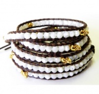 Chan Luu Mother of Pearl and Gold Skulls Wrap Bracelet on Brown Leather Chan Luu Mother of Pearl and Gold Skulls Wrap Bracelet on Brown Leather