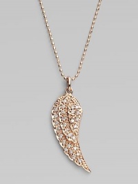 A graceful rose gold angel's wing, dusted with diamonds, takes flight on a long, luxe chain. Diamonds 0.014 tcw 14k rose gold Chain length, about 16 Pendant length, about 1 Lobster clasp Imported A graceful rose gold angel's wing, dusted with diamonds, takes flight on a long, luxe chain. Diamonds 0.014 tcw 14k rose gold Chain length, about 16 Pendant length, about 1 Lobster clasp Imported