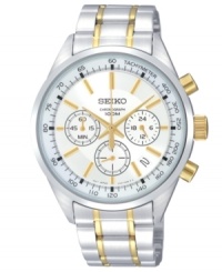 Dive in headfirst with the impeccable styling of this stainless steel Seiko watch, accented with a golden shine. Dive in headfirst with the impeccable styling of this stainless steel Seiko watch, accented with a golden shine.
