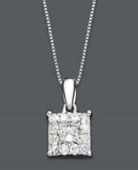 You'll always be in style with this timeless piece. Prestige Unity's princess-cut diamond (3/4 ct. t.w.) shines against a 14k white gold setting and box chain. Approximate length: 18 inches. Approximate drop: 15-1/2 mm. You'll always be in style with this timeless piece. Prestige Unity's princess-cut diamond (3/4 ct. t.w.) shines against a 14k white gold setting and box chain. Approximate length: 18 inches. Approximate drop: 15-1/2 mm.